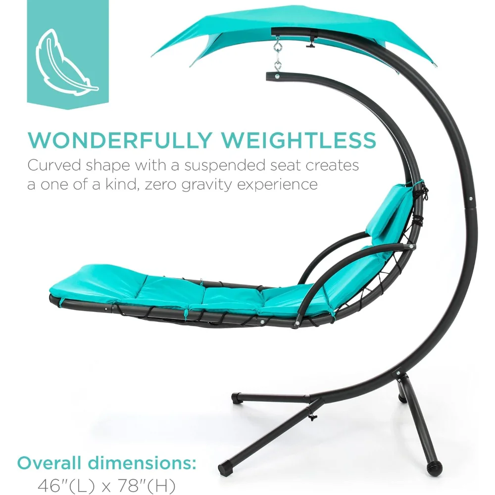 Outdoor Hanging Curved Steel All Weather Chaise Lounge Chair,Built-in Pillow and Removable Canopy