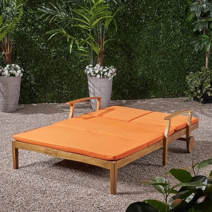 Folding Teak Finish With Orange Cushions Samantha Double Chaise Lounge Chair