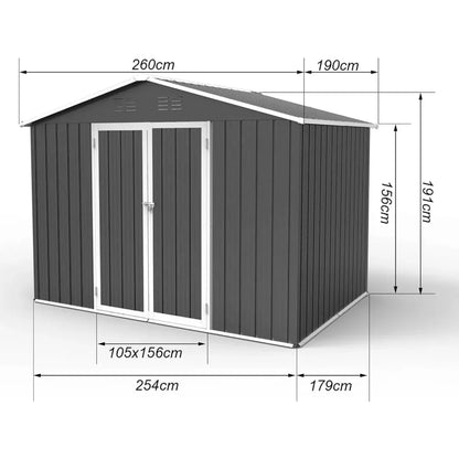 Outdoor Metal 8x6 Ft. Storage Shed, Lockable Doors, Galvanized with Windows and Floor