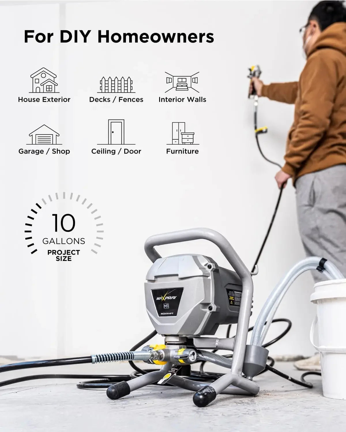 M1 Airless Paint Sprayer, Highly Efficient Thinning-Free Minimal Overspray for Up to 10 Gallon &  Comes w/ Sprayer Accessories