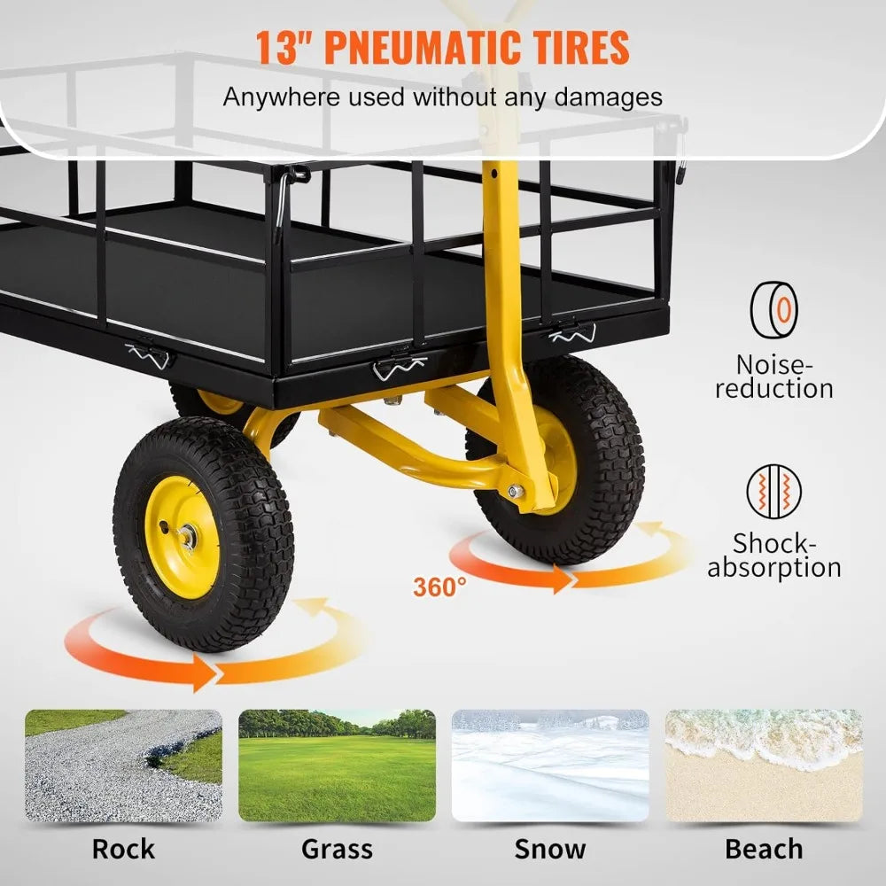 1200 Lbs. Capacity Foldable Metal Utility Wagon With 2-in-1 Handle and 13 in Tires