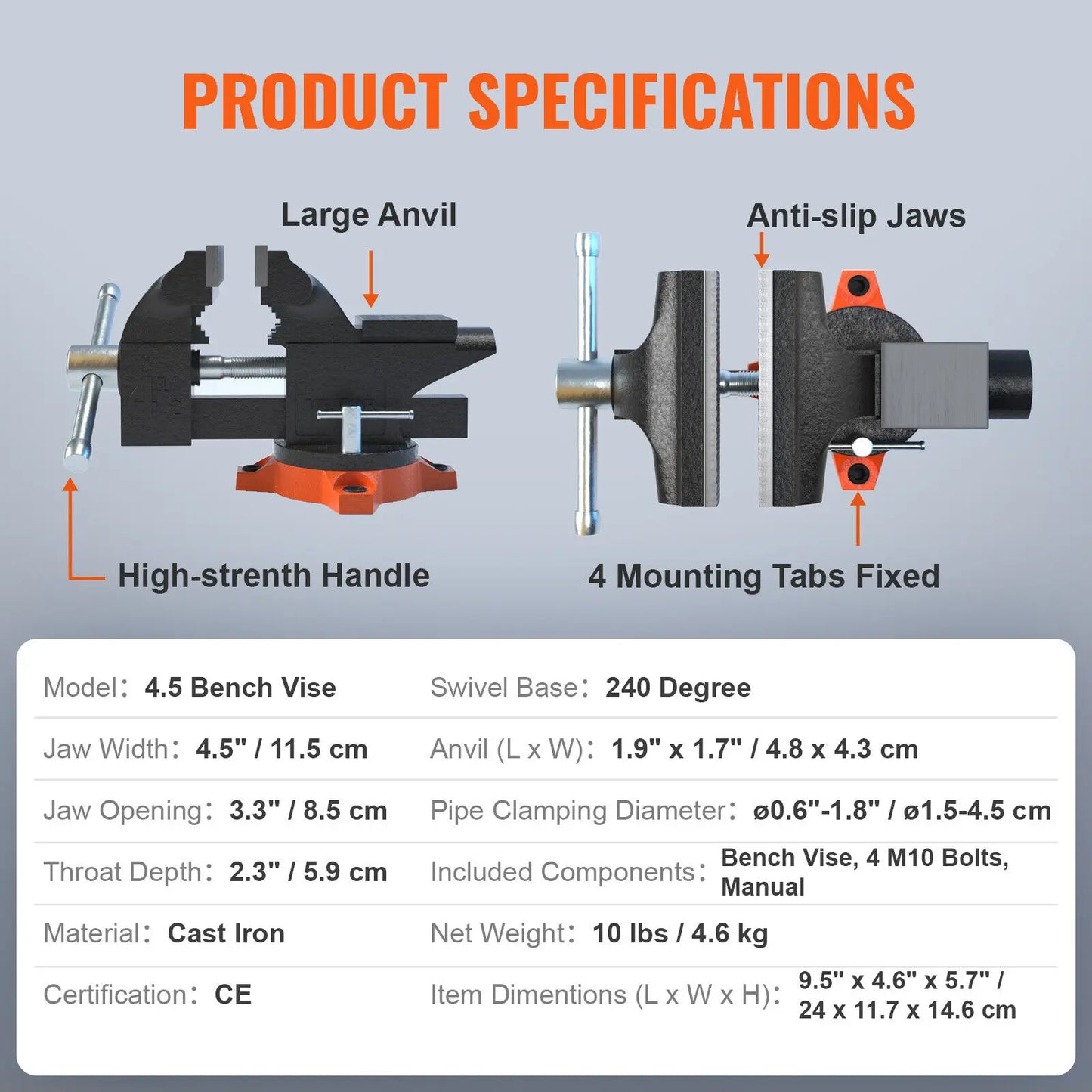 Bench Vise 4.5" 6" 6.5" Multipurpose with Swivel Base & Anvil