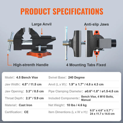 Bench Vise 4.5" 6" 6.5" Multipurpose with Swivel Base & Anvil