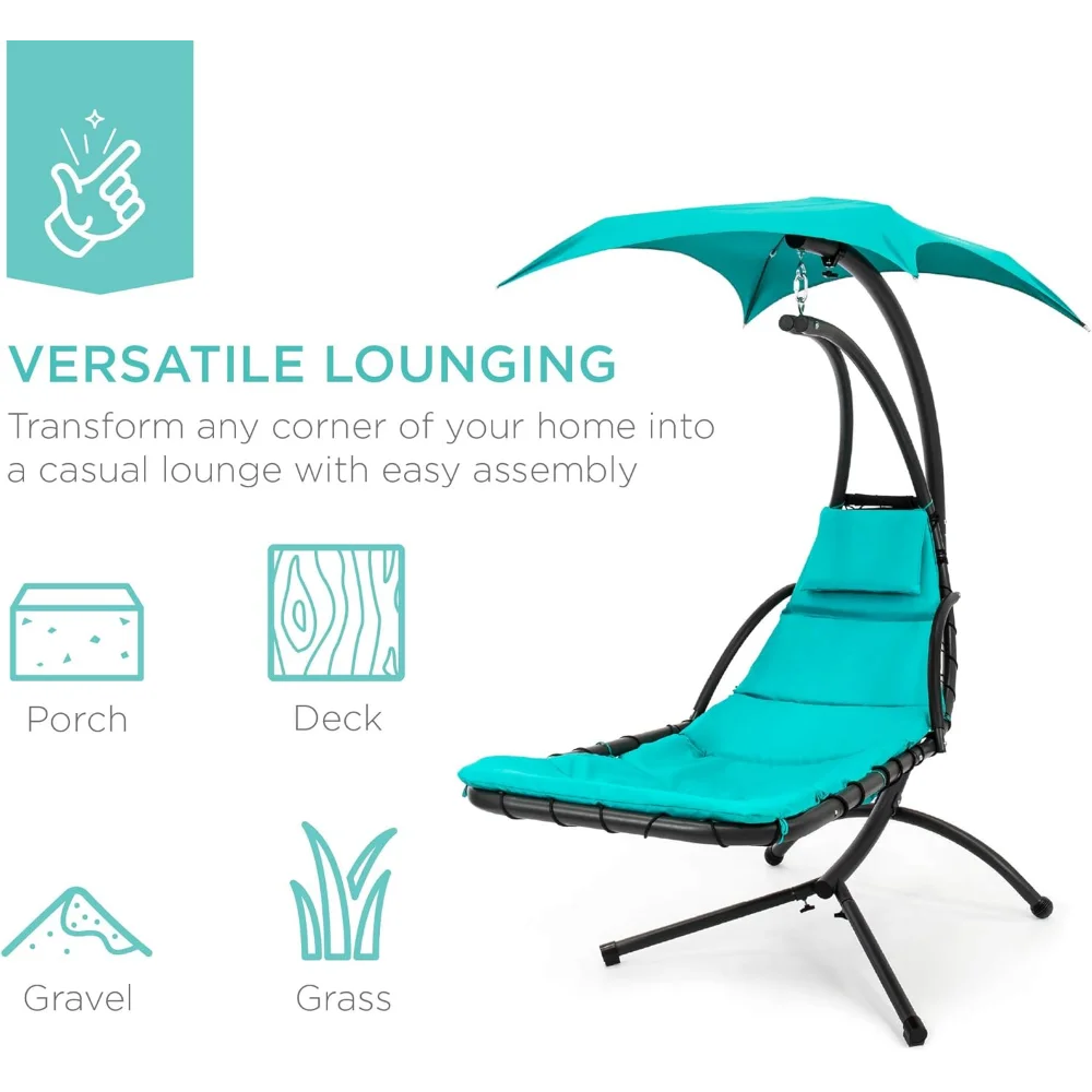 Outdoor Hanging Curved Steel All Weather Chaise Lounge Chair,Built-in Pillow and Removable Canopy