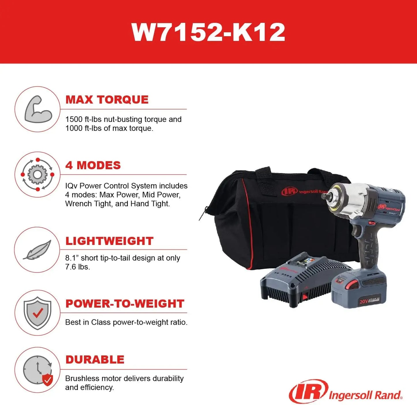 Ingersoll Rand W7152-K12 1/2" Cordless Impact Wrench and 1 Battery Kit, 4 Power Modes, Brushless Motor, 1500 ft/lbs Nut Busting