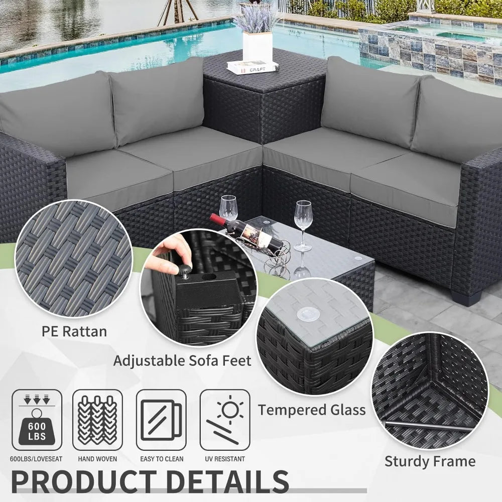 Garden Outdoor Furniture Set 4 Piece Black Rattan Sectional Loveseat Couch Conversation Sofa Storage Glass Table