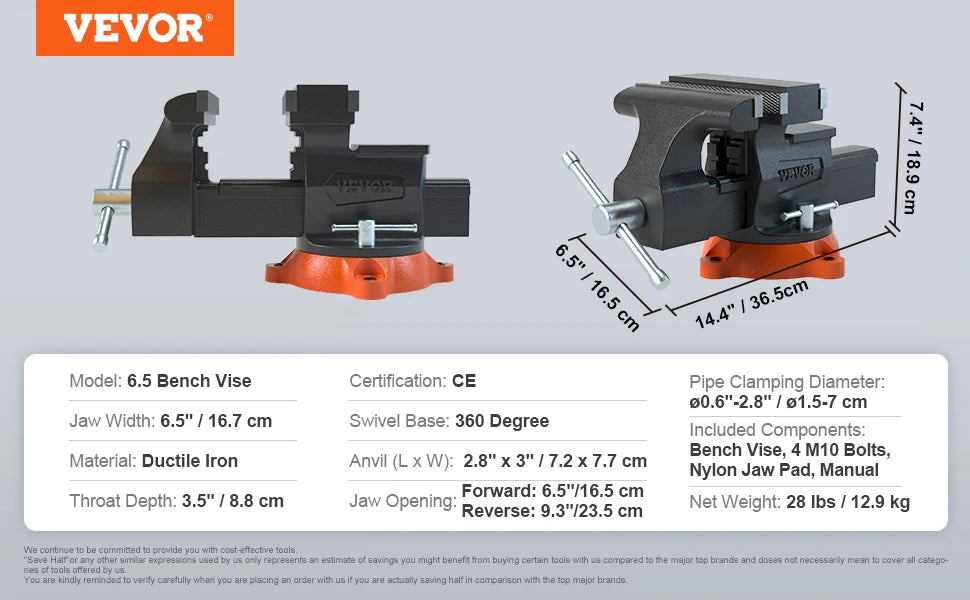 Bench Vise 4.5" 6" 6.5" Multipurpose with Swivel Base & Anvil