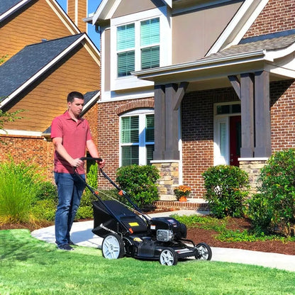 Yard Force Self Propelled Lawn Mower Briggs & Stratton 150cc Gas Engine 22-inch Steel Deck 3-in-1 Mulch, Bag, Side Discharge, 12-inch High Rear Wheels