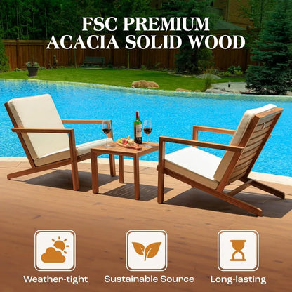 Eleve 400lbs Capacity Outdoor Set of 2 Chairs with Wooden Side Table, FSC Certified Acacia Wood Patio Furniture Set