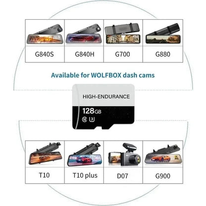 WOLFBOX 128GB SD Card for WOLFBOX Dash Cam Car Camera Car DVR Adapters Class 10