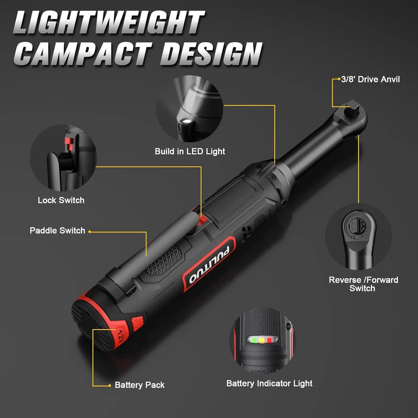 PULITUO Extended Cordless Electric Ratchet Wrench 3/8'' 50N.m (37 Ft-lbs) Max TorqueTool Kit