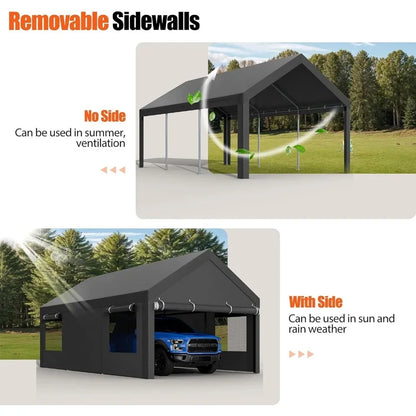 JAMFLY Carport, 12x18.5 ft Heavy Duty Carport Canopy with Roll-up Windows, Portable Garage with Removable Sidewalls & Doors