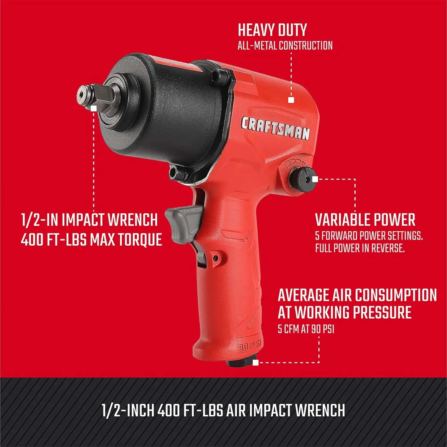 CRAFTSMAN CMXPTSG1004NB ½-in 400 ft-lbs Air Impact Wrench Red and Black