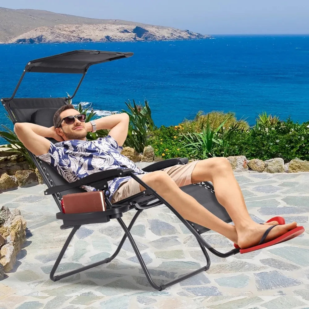 Outdoor Folding Reclining Canopy Cup Holder, Beach Chair