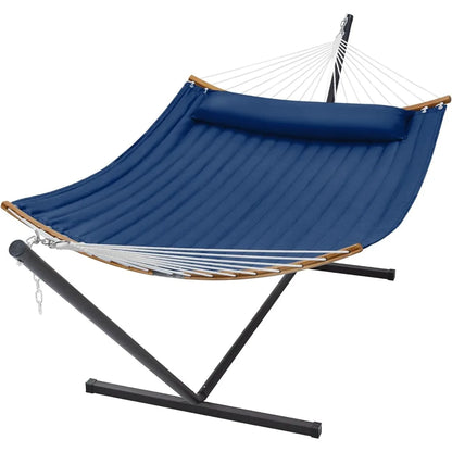 2 Person Heavy Duty Curved-Bar Hammock with Stand, Detachable Pillow, Navy Blue