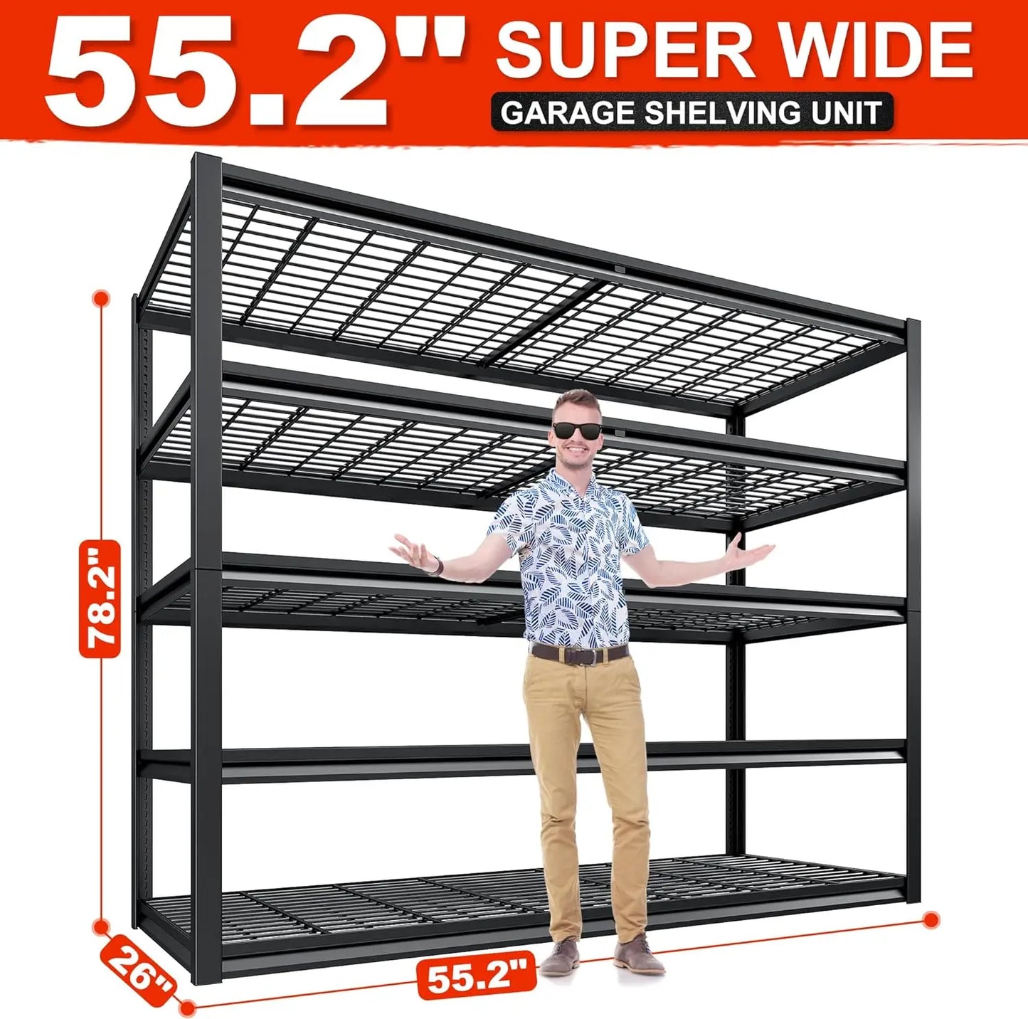 REIBII 55.2'' W x 78.2'' H x 26'' D, 5-Tier Metal Garage Shelving Units, 3000LBS Capacity, Adjustable 2 Pack