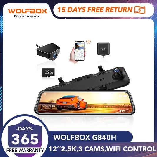 WOLFBOX G840H WIFI 2.5K +1080P GPS Car Dvr GPS 2 Way Dash Cam Stream RearView Mirror Drive Recorder