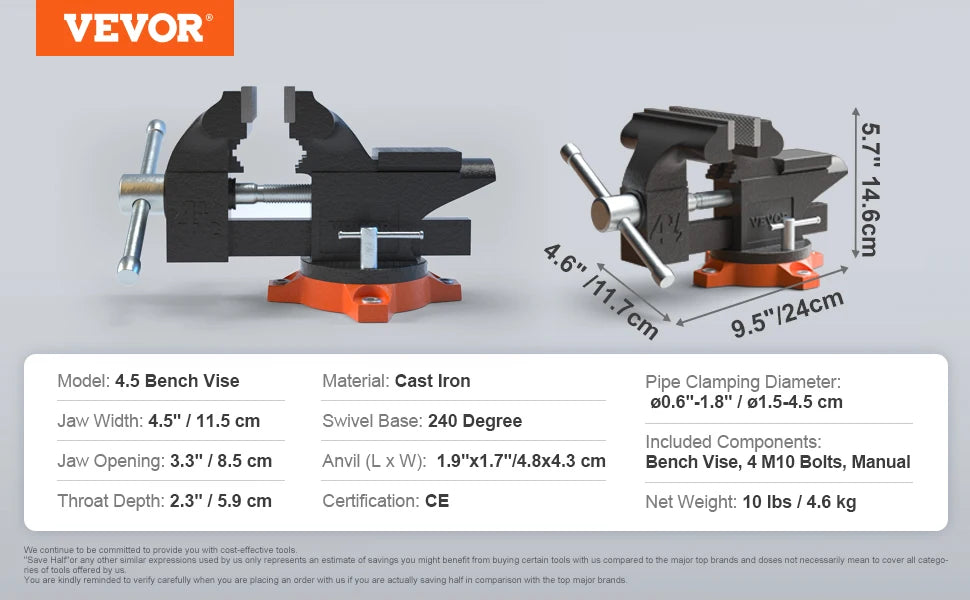 Bench Vise 4.5" 6" 6.5" Multipurpose with Swivel Base & Anvil