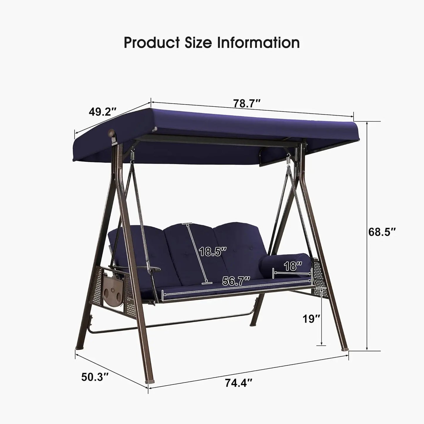 3-Seat Deluxe Outdoor Swing with Weather Resistant Steel Frame, Adjustable Tilt Canopy, Cushions and Pillow Included