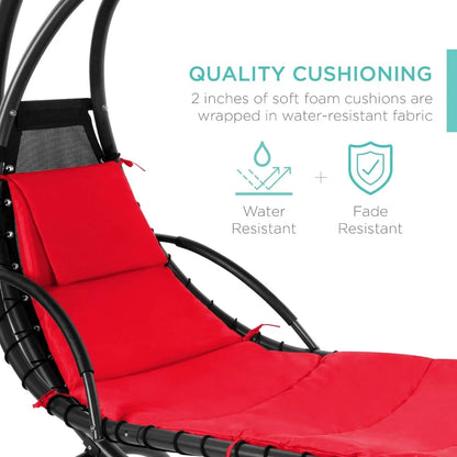 Outdoor Hanging Curved Steel All Weather Chaise Lounge Chair,Built-in Pillow and Removable Canopy