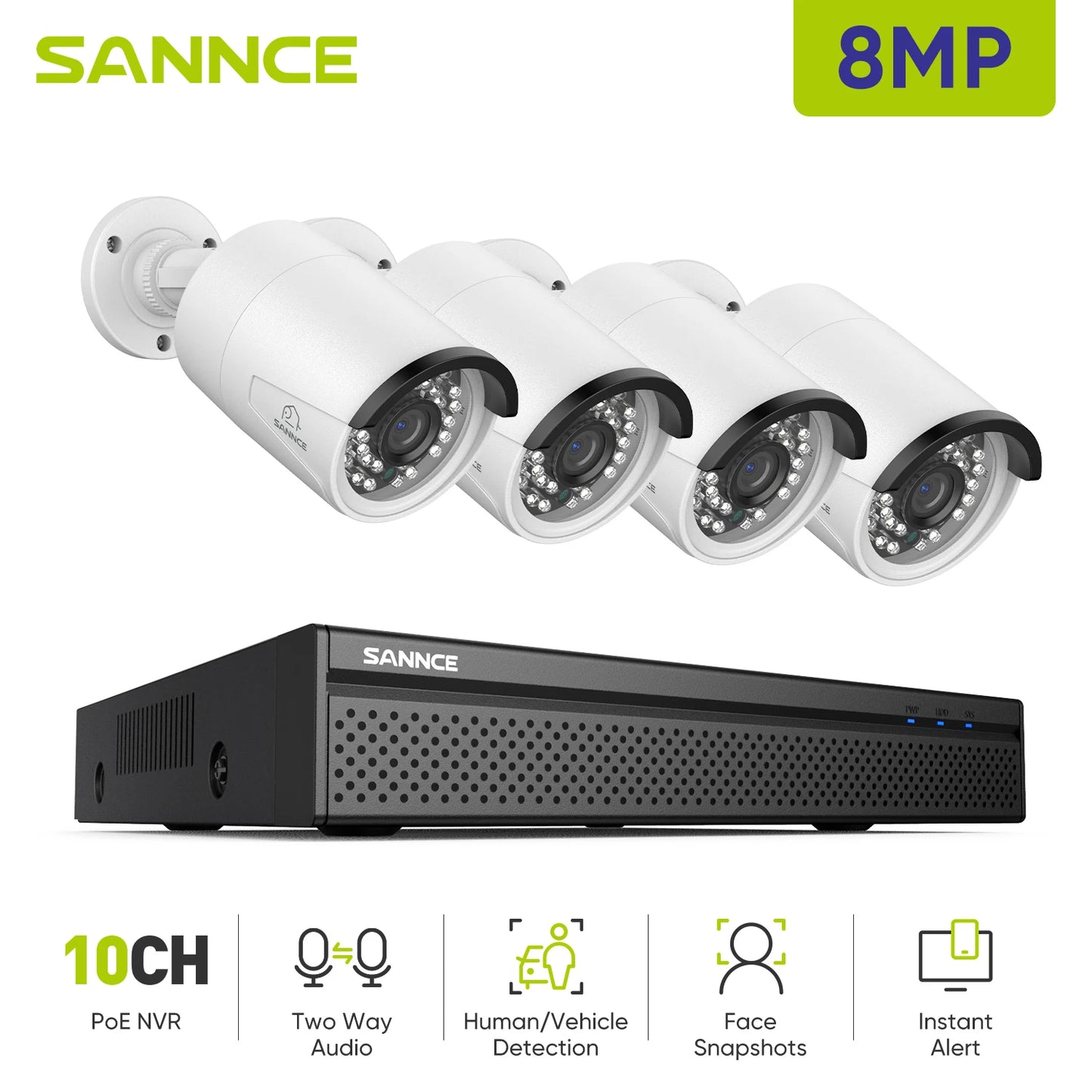 SANNCE 8MP Home Surveillance Kit 8CH H.265+ Video NVR Recorder 4×Security Protection Cameras Two-way voice Remote Access System