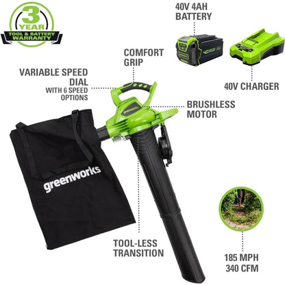 Greenworks 40V (185 MPH / 340 CFM / 75+ Compatible Tools) Cordless Brushless Leaf Blower / Vacuum, 4.0Ah Battery and Charger Included