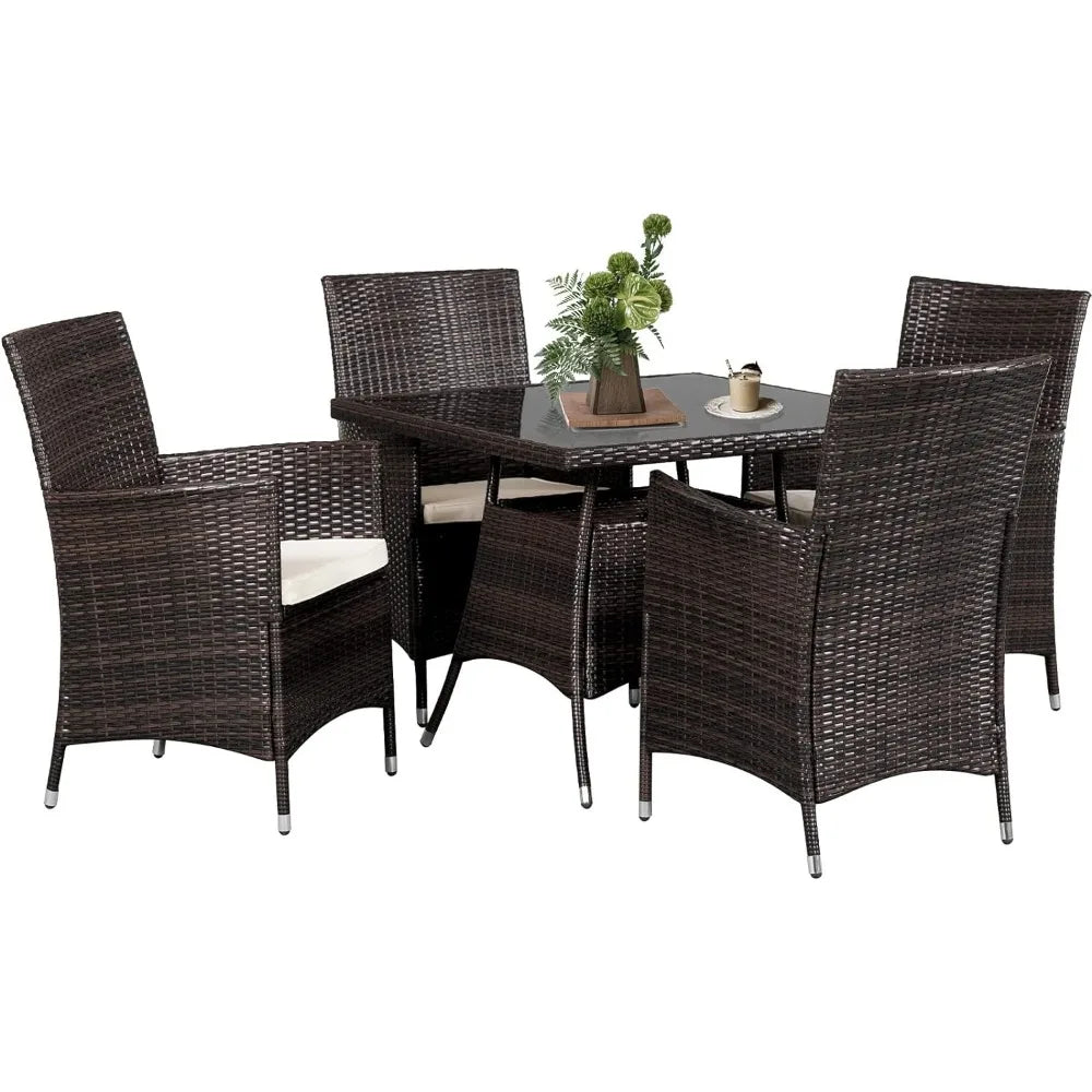 SUNCROWN 5 Piece Outdoor Dining Set All-Weather Wicker Patio Dining Table and Chairs with Cushions, Square Tempered Glass Tabletop with Umbrella Cutout