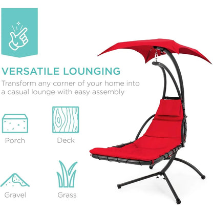 Outdoor Hanging Curved Steel All Weather Chaise Lounge Chair,Built-in Pillow and Removable Canopy