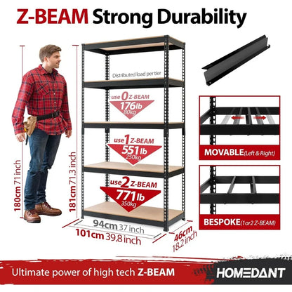 HOMEDANT Z-beam 5-Tier Laminated Heavy Duty Metal Shelving Unit Adjustable Garage Storage Utility Rack Shelves Organization