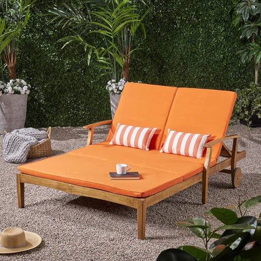 Folding Teak Finish With Orange Cushions Samantha Double Chaise Lounge Chair