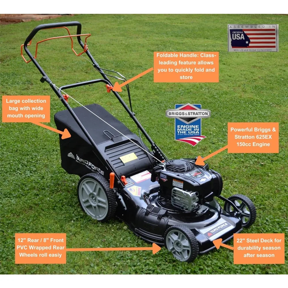 Yard Force Self Propelled Lawn Mower Briggs & Stratton 150cc Gas Engine 22-inch Steel Deck 3-in-1 Mulch, Bag, Side Discharge, 12-inch High Rear Wheels