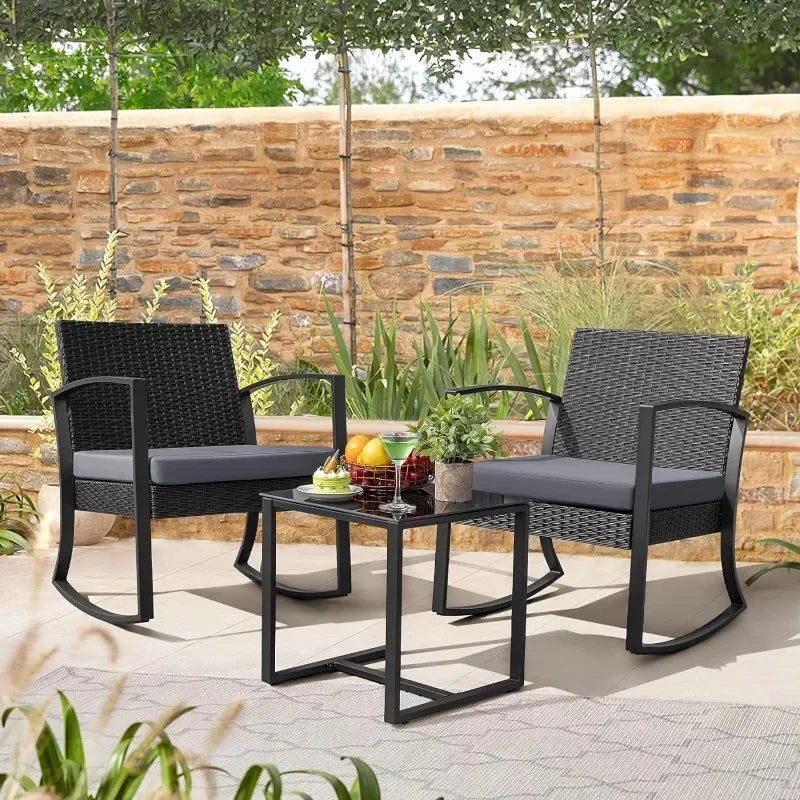 Homall Outdoor 3 Piece Furniture Set, 2 Rocking Patio Chairs with Cushions and Table for Porch, Poolside