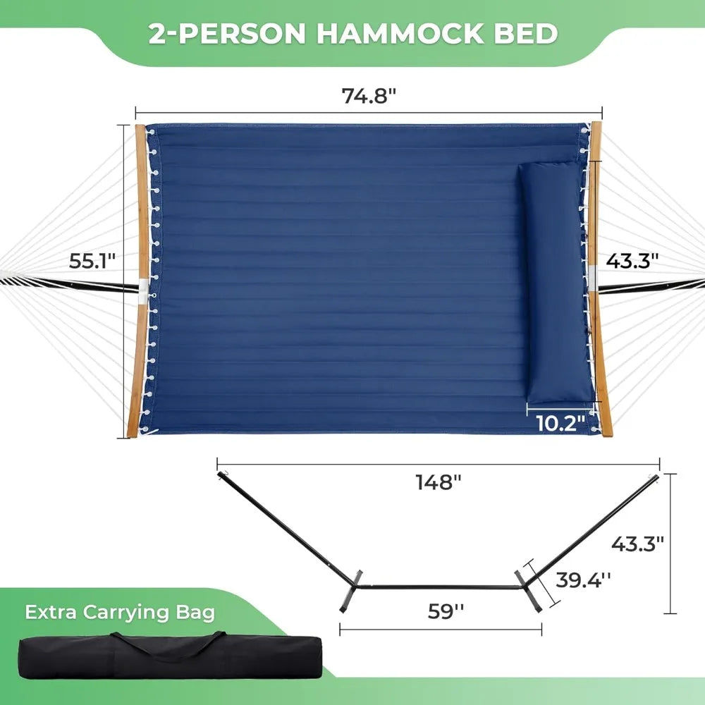 2 Person Heavy Duty Curved-Bar Hammock with Stand, Detachable Pillow, Navy Blue