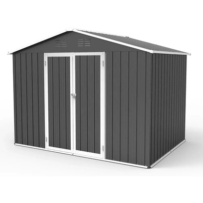 Outdoor Metal 8x6 Ft. Storage Shed, Lockable Doors, Galvanized with Windows and Floor