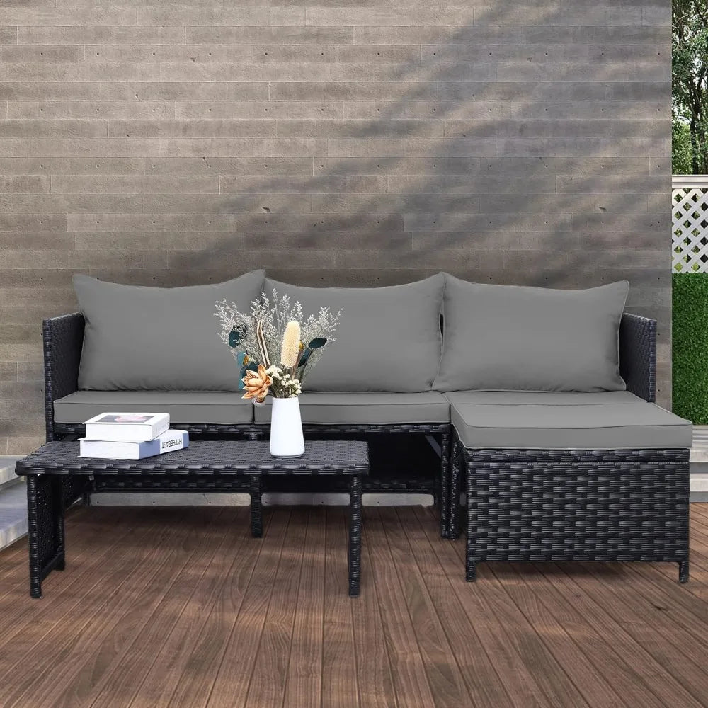 Valita 3-Piece Outdoor PE Rattan Furniture Set Patio Black Wicker Conversation Loveseat Sofa Sectional Couch Gray Cushion