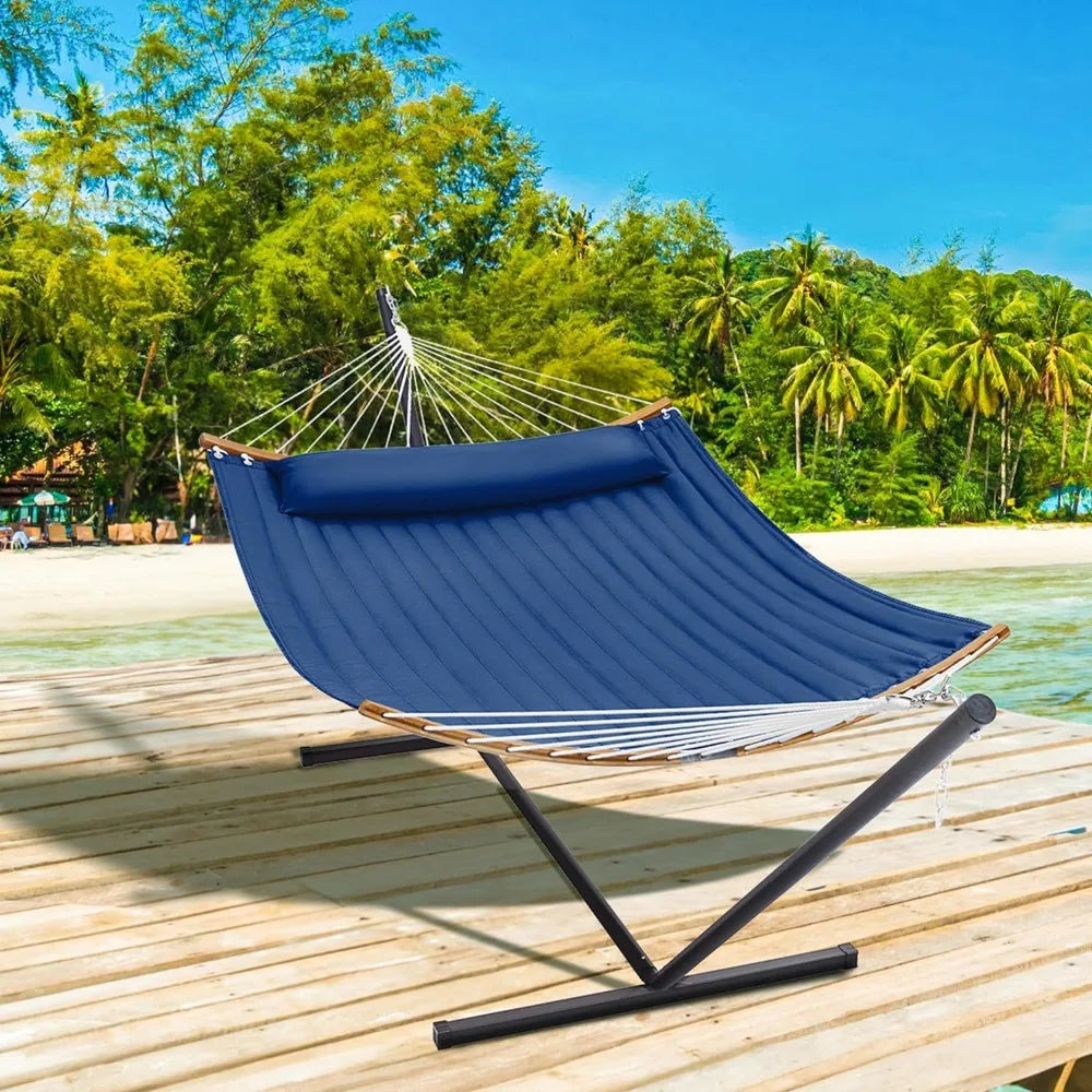 2 Person Heavy Duty Curved-Bar Hammock with Stand, Detachable Pillow, Navy Blue