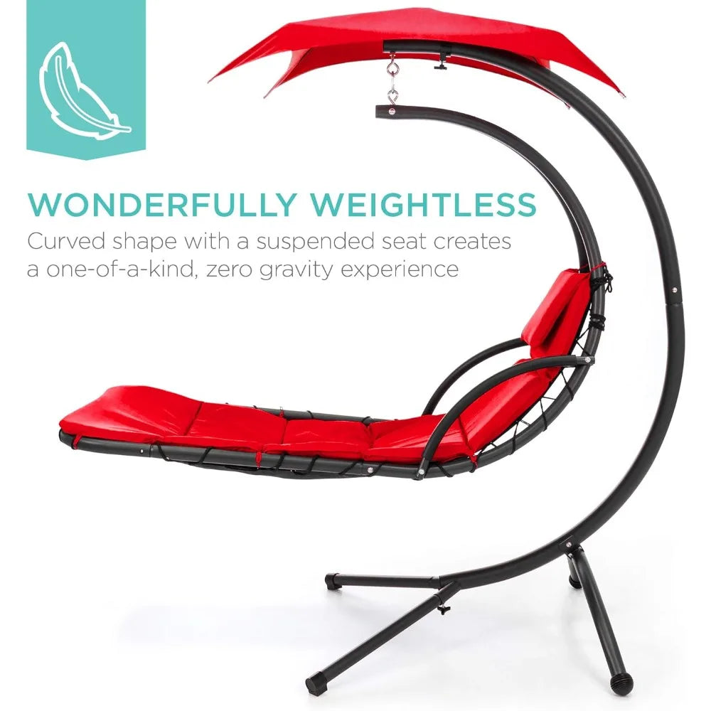 Outdoor Hanging Curved Steel All Weather Chaise Lounge Chair,Built-in Pillow and Removable Canopy