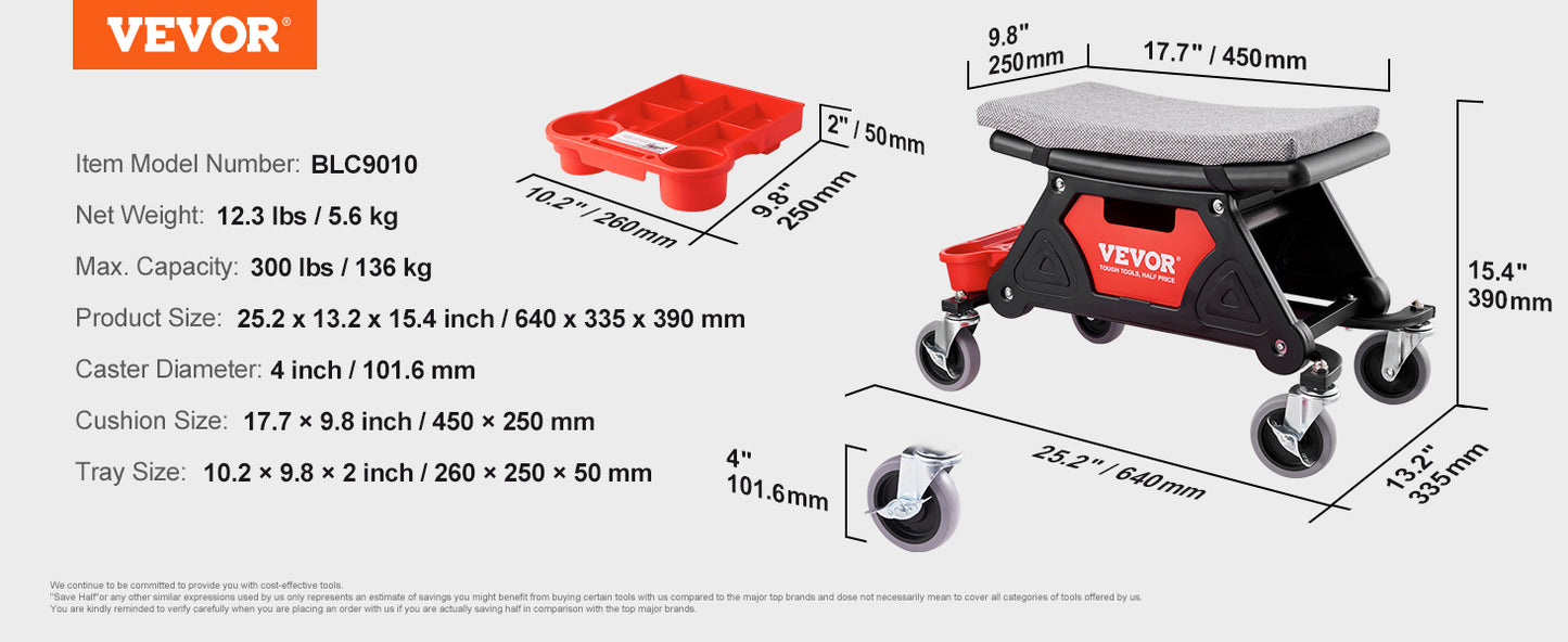 Rolling Mechanic Seat 300 LBS with Wheels Tool Trays Drawer