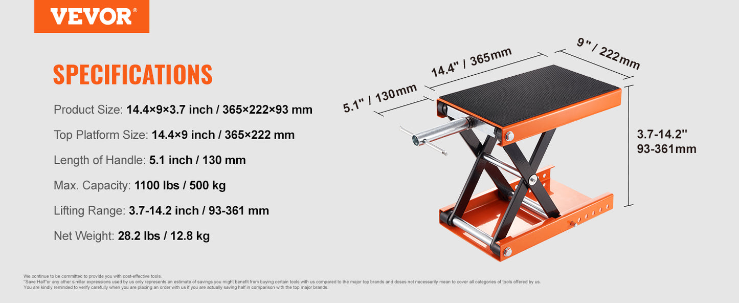 Motorcycle Scissor Lift 350/1100/1500 LBS Capacity Jack with Wide Deck & Safety Pin