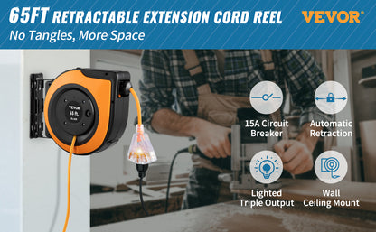 Retractable Extension Cord Reel 45/50/65 FT with Lighted Triple Tap Outlet