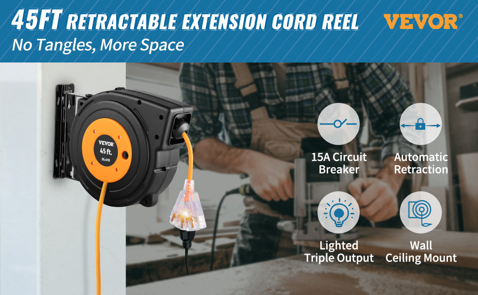 Retractable Extension Cord Reel 45/50/65 FT with Lighted Triple Tap Outlet