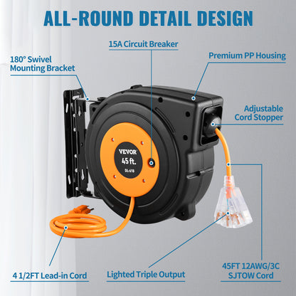 Retractable Extension Cord Reel 45/50/65 FT with Lighted Triple Tap Outlet