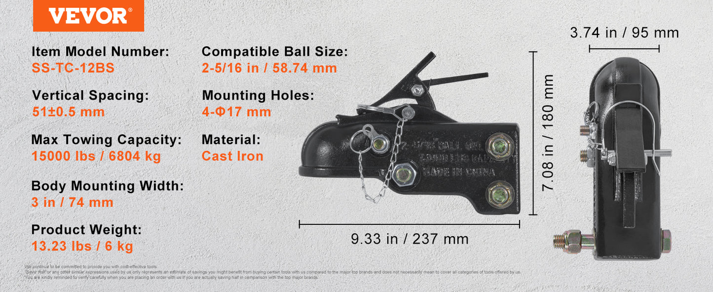 15000 lbs Adjustable Trailer Coupler 2-5/16" Hitch Ball